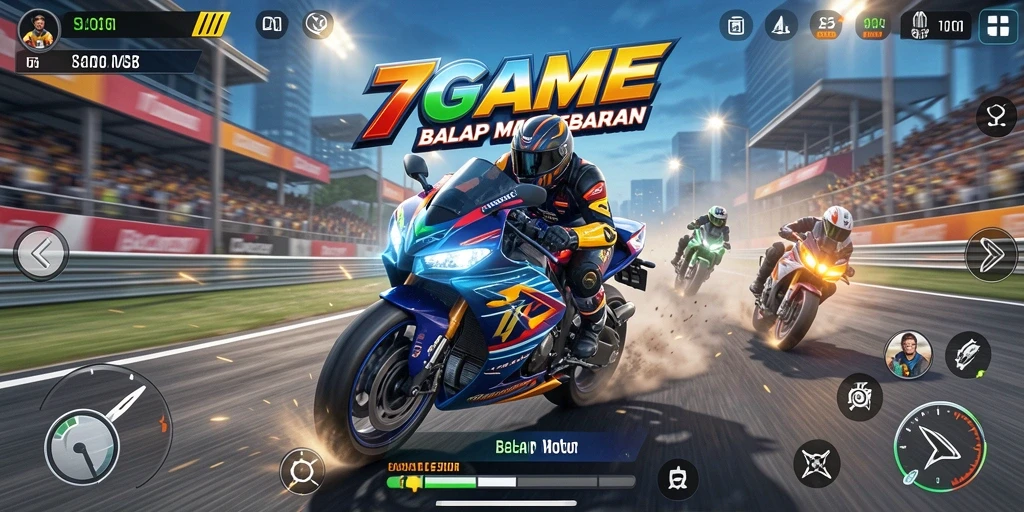 Screenshot utama 7GAME menampilkan aksi balap motor yang mengesankan.