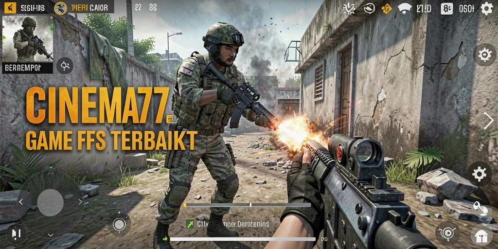 Screenshot CINEMA77 menampilkan pertempuran mendebarkan dalam mode FPS.