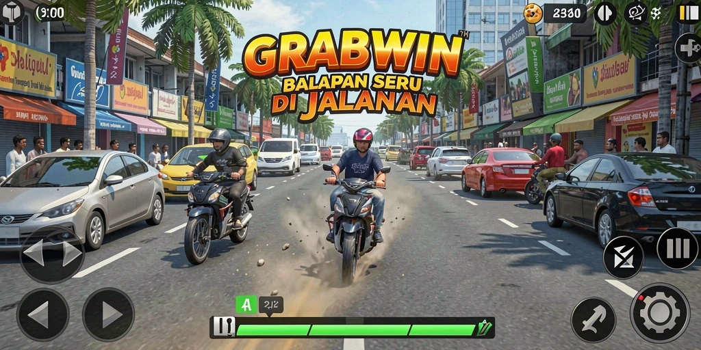Screenshot gameplay <strong>GRABWIN</strong> menampilkan momen balapan epik di lintasan.