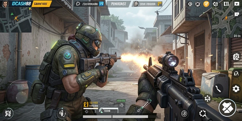 Screenshot gameplay IDCASH88 menampilkan aksi tembak-menembak yang mendebarkan.