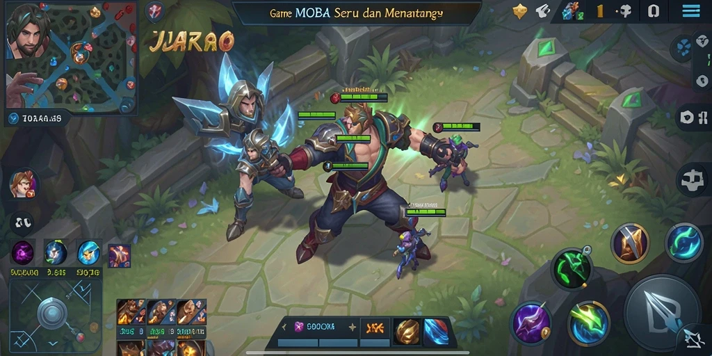 Screenshot utama JUARAGO menampilkan adegan pertempuran seru dalam game MOBA.