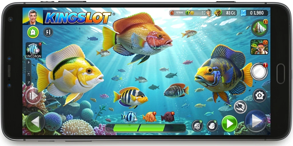 Tampilan gameplay menarik dari KINGSLOT saat menembak ikan dengan senjata.