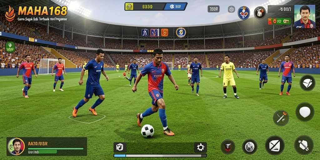 Tangkapan layar utama gameplay <strong>MAHA168</strong> yang menampilkan aksi di lapangan sepak bola.