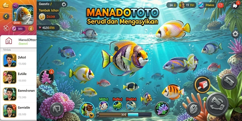 Tampilan gameplay seru dalam MANADOTOTO dengan berbagai ikan yang menunggu untuk ditangkap.