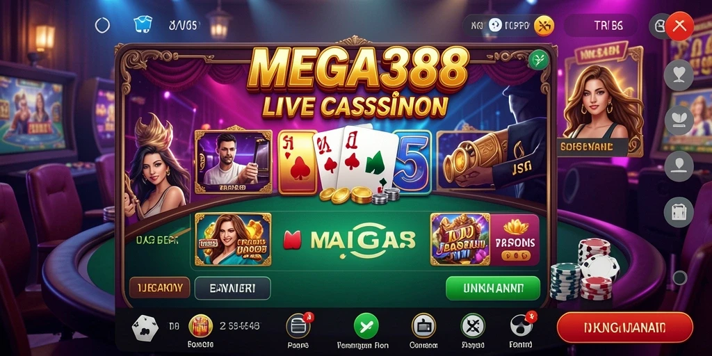 Gameplay MEGA388 menampilkan dealer langsung dan permainan kasino yang interaktif.