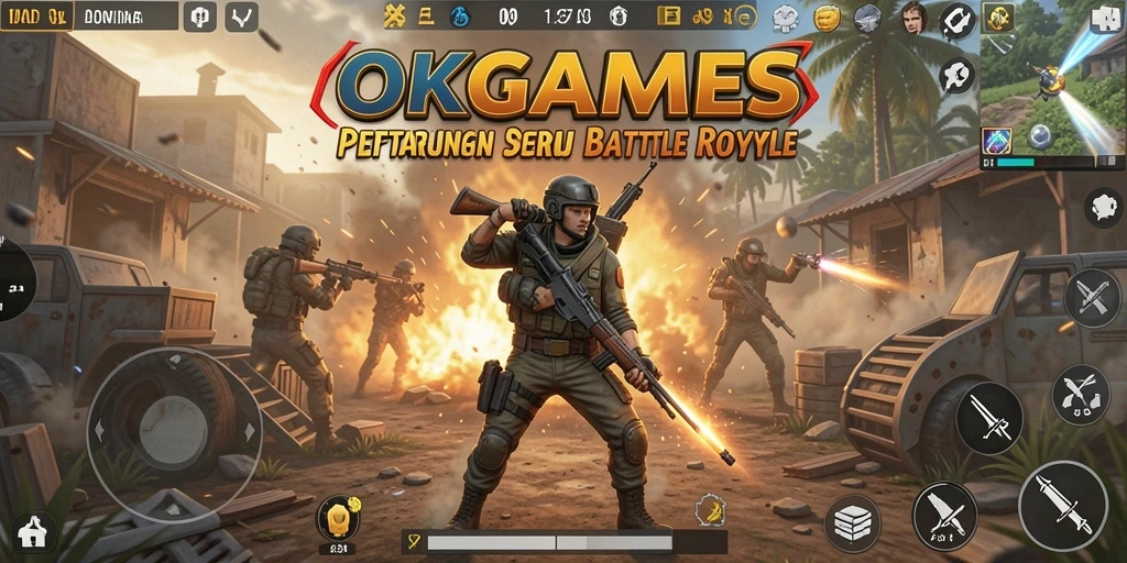 Screenshot gameplay OKGAMES menampilkan aksi seru dalam pertarungan Battle Royale.