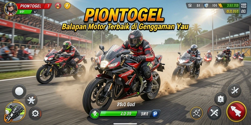 Screenshot PIONTOGEL menampilkan aksi balapan motor yang mendebarkan.