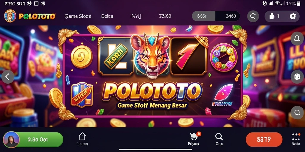 Screenshot gameplay POLOTOTO menampilkan mesin slot yang menarik dengan simbol berwarna-warni.