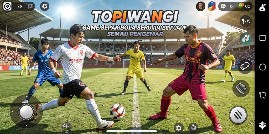 Screenshot utama TOPIWANGI menampilkan aksi permainan sepak bola yang seru.
