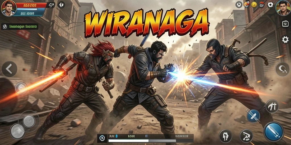 Tangkapan layar WIRANAGA menampilkan pertarungan aksi yang epik.